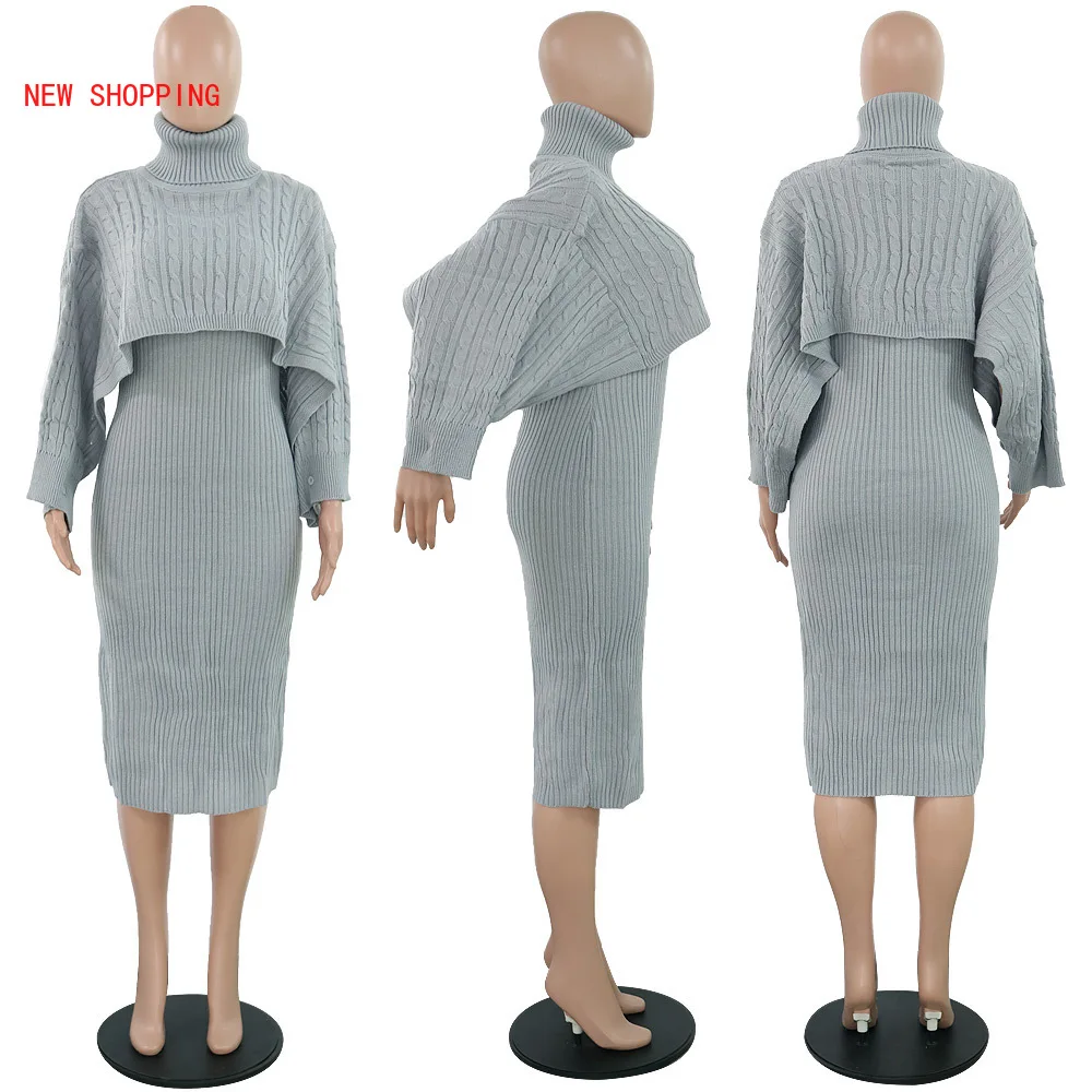 Женское трикотажное платье-свитер с высоким воротником и длинным рукавом |