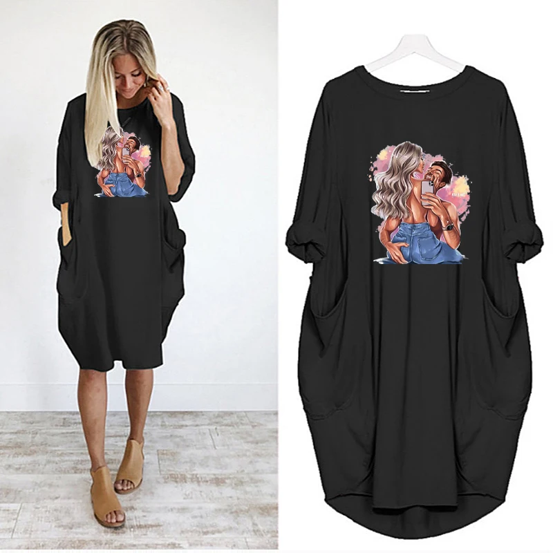 

Women Midi Dresses Long Sleeve Robe Femme Loose Dress Beach Pocket Cartoon Lovers Print Casual Female Party Vestidos Autumn 2021