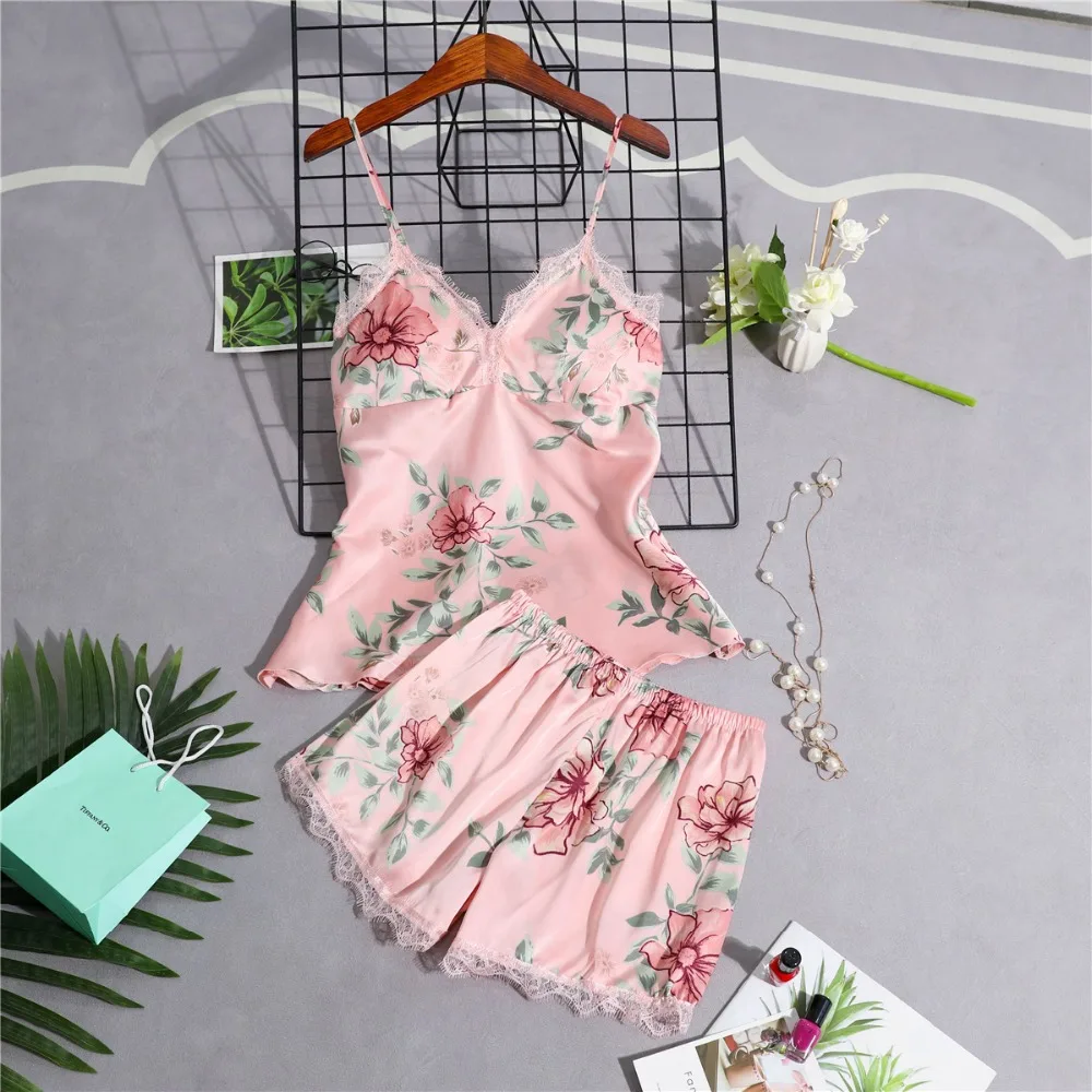 pink 2pcs Daeyard женская пижама Шелковый Цветочный комбинезон с принтом 5 шт. пижамный комплект атласная пижама сексуальная пижама с кружевами Ночная Пижама домашняя одежда - Цвет: pink 2pcs