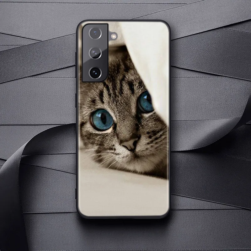 Silicone Cover Black Big Eye Cat For Samsung Galaxy S21 S20 FE Ultra S10 S10e Lite S9 S8 S7 S6 Edge Plus Phone Case