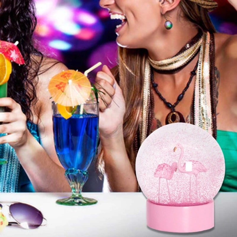 

Q0KF Flamingo Glitter Clear Glass Snow Globe Crystal Ball with Pink Base Women Gifts