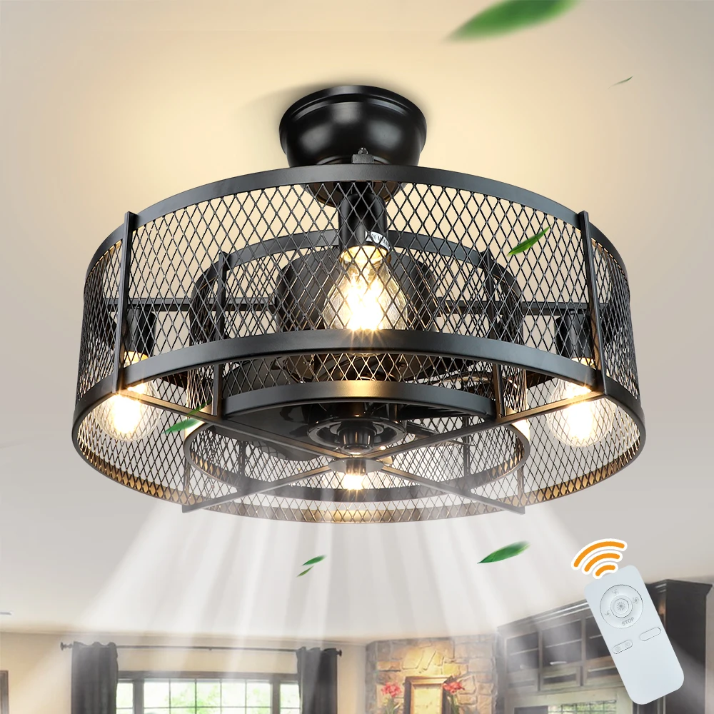 

Depuley 20inch 120V Remote Caged Ceiling Fan with Light 3 Speeds Adjustable for Living Room Bedroom Kitchen 4*E26 Base Black