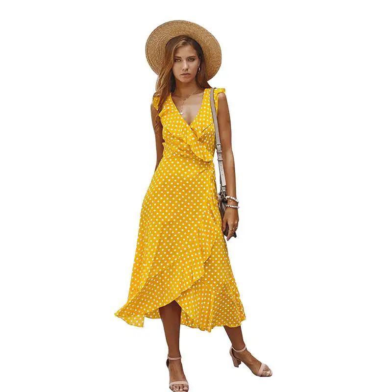

ZITY Summer Dress 2020 Dexy Cotton V Neck Yellow Dot Long Dresses Sleeveless Femlae For Women Vestidos