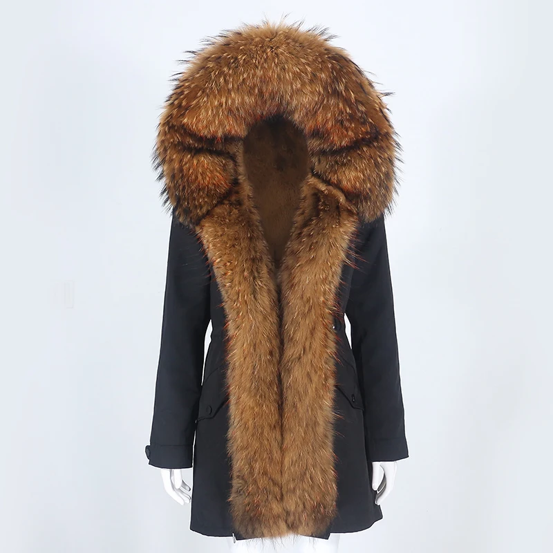 

2021 New Waterproof Parka Real Fur Coat Winter Jacket Women Natural Raccoon Fur Collar Hooded Thick Warm Detachable Outerwear