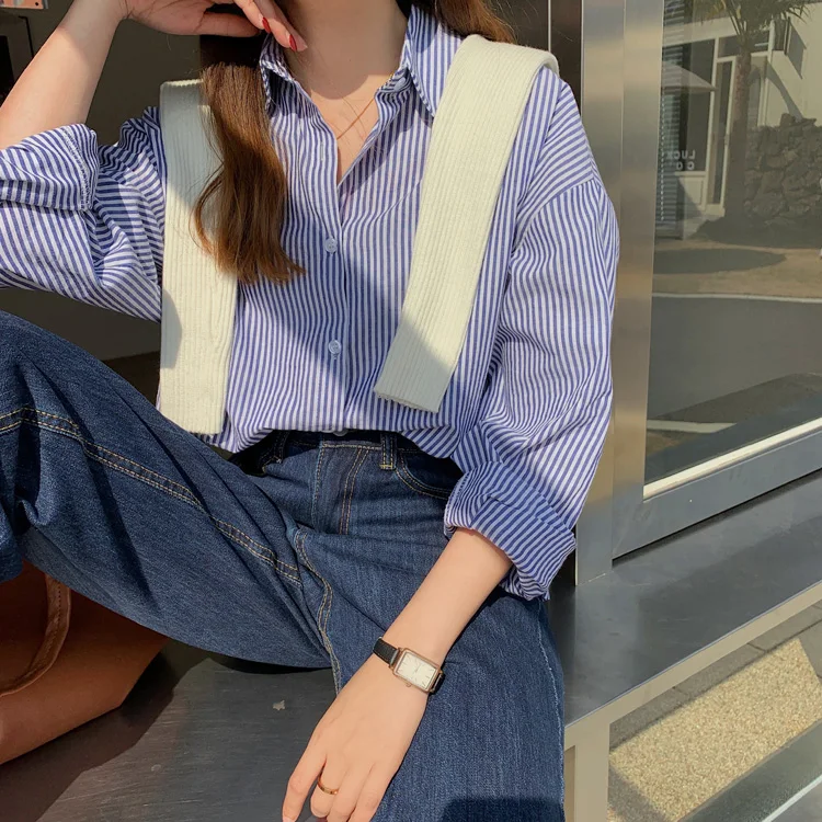 

ZCSMLL Striped Temperament Shirt Women's Summer Autumn 2021 New Korean Style Loose and Thin Long-sleeved Shirt Female Tops