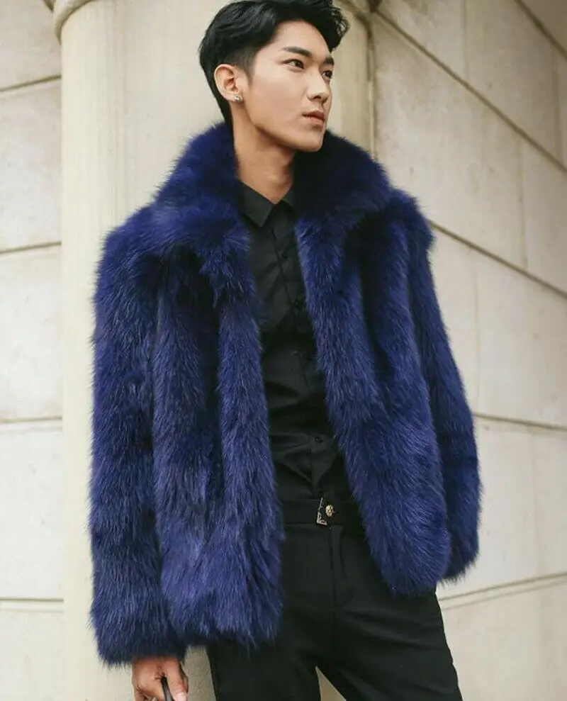 Роскошное пальто из синего лисьего меха Мужская Меховая куртка с отворотом