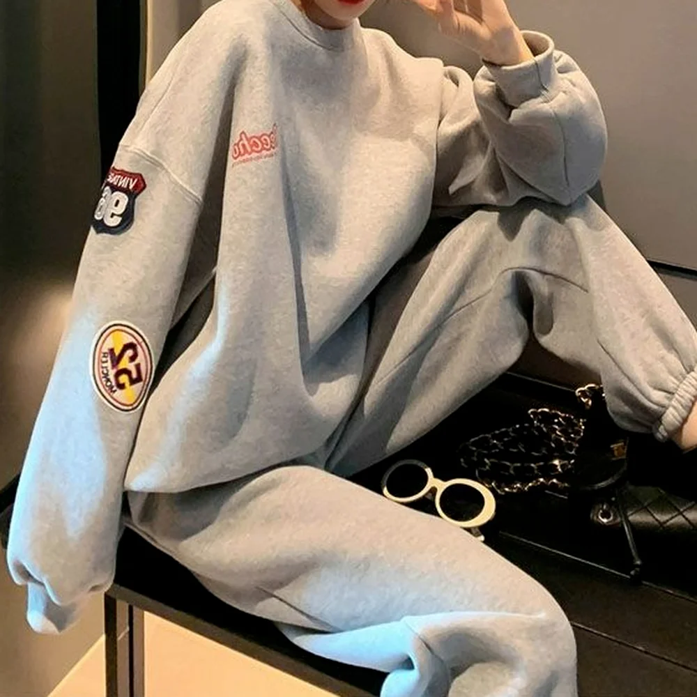 

Women Sets Gray 2021 Long Sleeve O-neck Sweatshirt And Long Pant Suit Fall Winter Casual Sweatpants Two Piece Set Purple Outfit