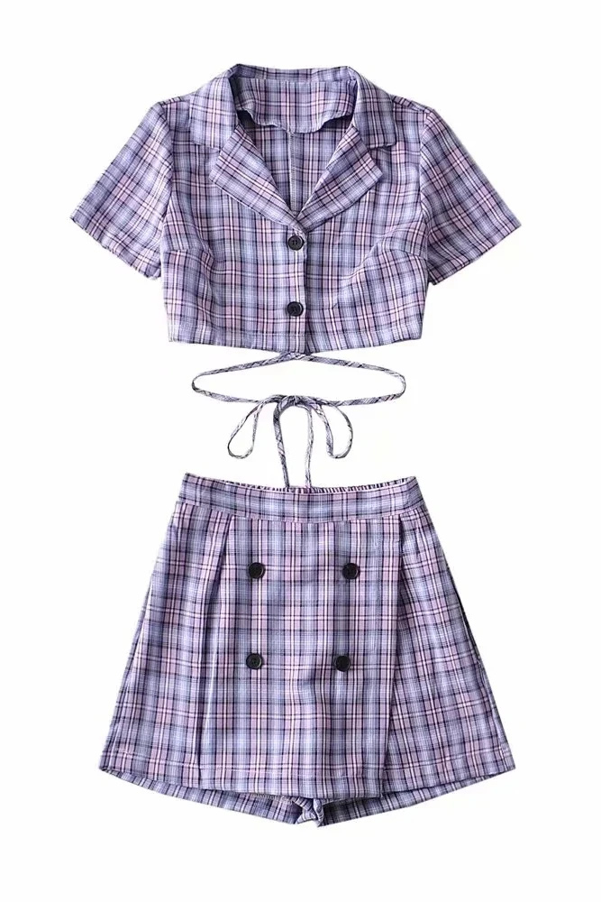

2021 summer new style suit collar short-sleeved lace-up blouse + double-breasted short skirt plaid suit