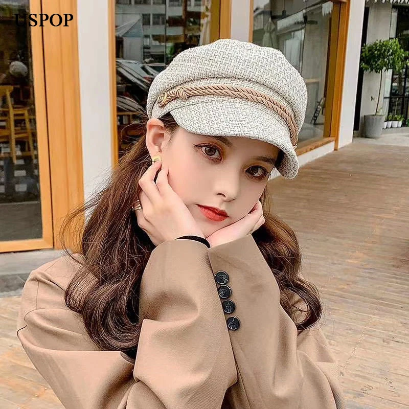 USPOP New winter newsboy caps weaving tweed cap flat visor military hats | Аксессуары для одежды