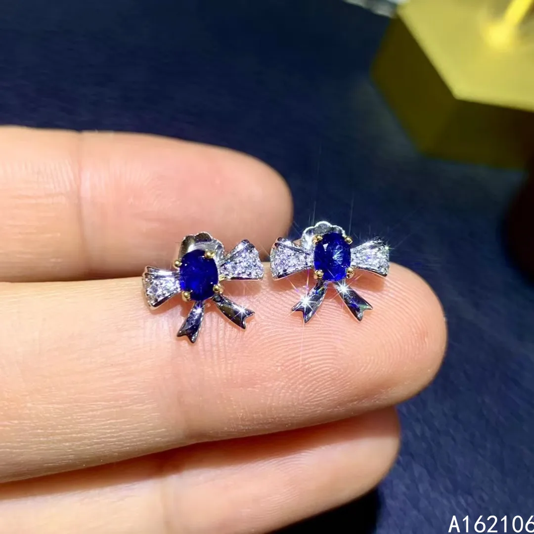 Fine Jewelry 925 Pure Silver Chinese Style Natural Sapphire Girl Luxury Fashion Fresh Bowknot Gem Earrings Ear Stud Support Dete