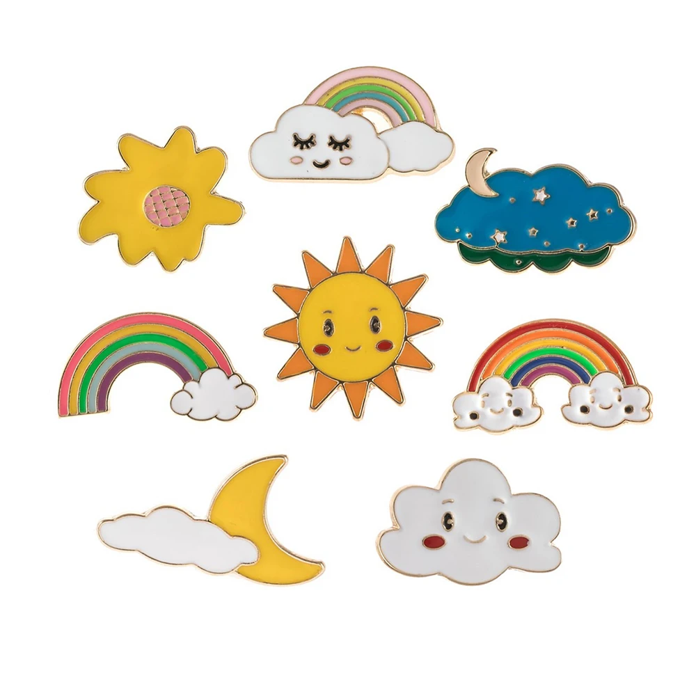 

Fashion Rainbow Cloud Enamel Pin The Sun And Moon Brooch Bag Clothes Lapel Pin Badge Weather Girl Jewelry Gifts To Children