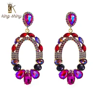 king shiny luxury multi color crystal long drop earrings trendy geometric round pendant earrings bridal wedding jewelry brincos