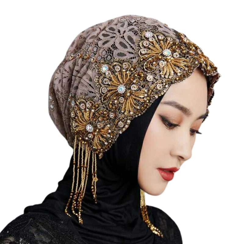 

E56F Lace Beanies Islamic Cover Breathable Bonnet Cap Lightweight Stretchy Head Wrap for Women Elastic Beaded Headwear Beaded