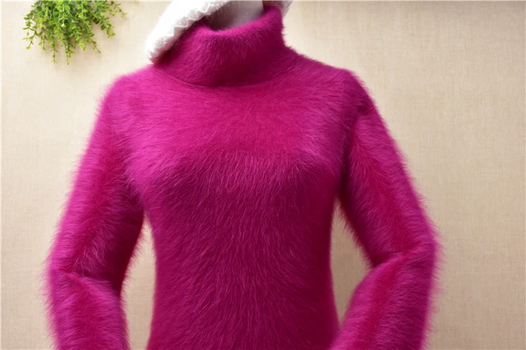 

female women fashion hairy fluffy mink cashmere long sleeves turtleneck slim bottoming pullover angora rabbit fur winter jumper