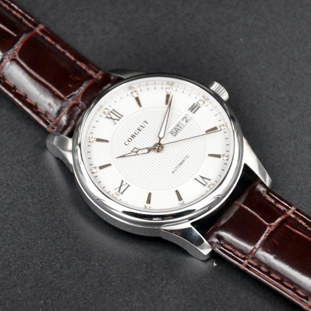 

CORGEUT 40mm Men's Sapphire Miyota Automatic date week Leather Steel Case Gold Watches mechanical white dial Watch часы мужские