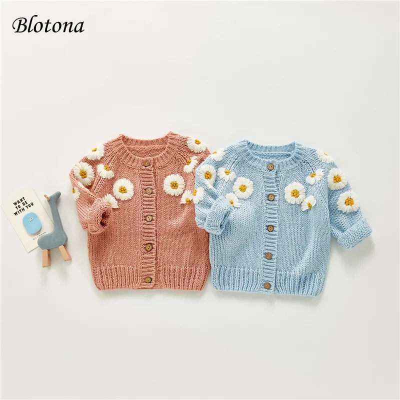 

Blotona Fall Winter Toddler Knitted Cardigan, Baby Girls Daisy Embroidery O-Neck Long Sleeve Single-breasted Outwear Casual Tops