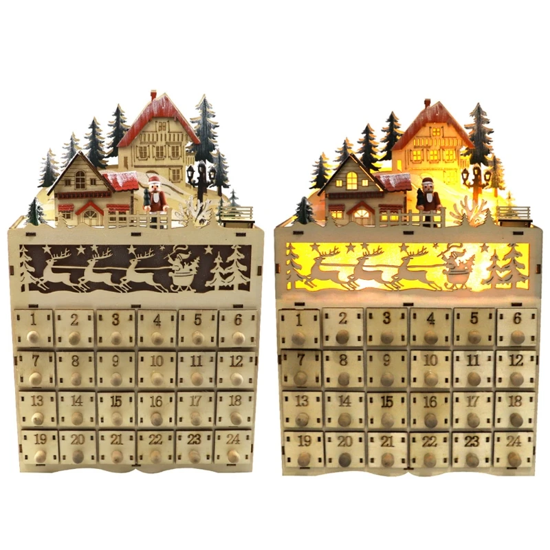 

Christmas Wooden Advent Calendar LED Lighted Village House Santa Claus Countdown Ornament with Drawers Box Decor Gift