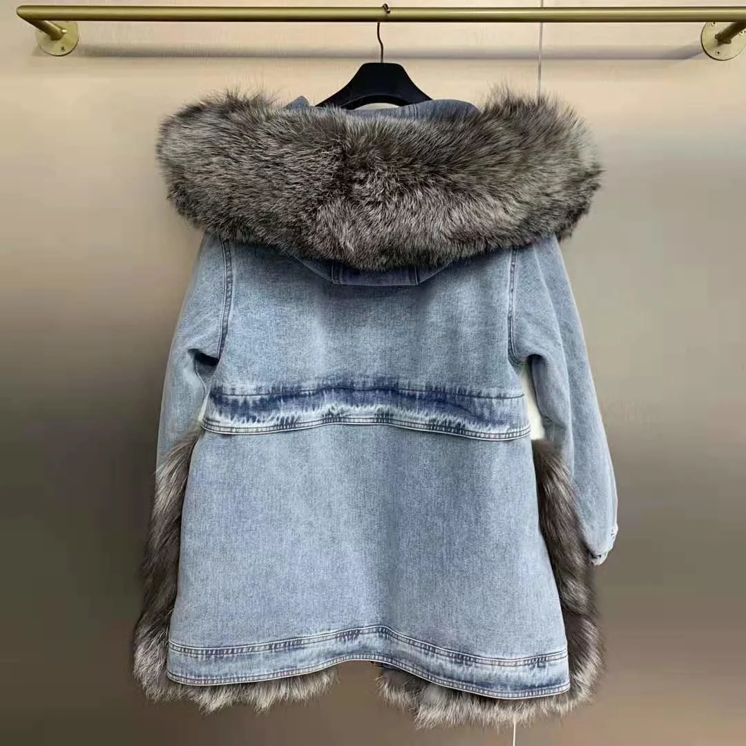 Куртка женская джинсовая с капюшоном парка из натурального Меха чернобурки в
