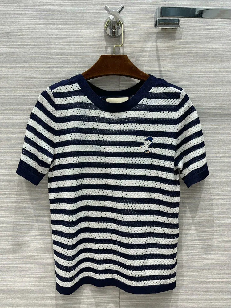 

Casual Stripe Fashion Brand Women 2021 New Spring O-neck Short Sleeve Knitted Tops Luxury Embroidery Cartoon 85% Silk Tees