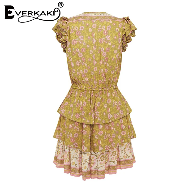 Everkaki Ruffles Boho печати Мини платье женское с поясом пуговицы цыганские женские