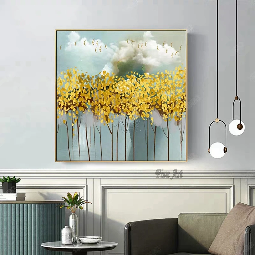 Современная Золотая текстурированная картина с деревьями Настенная