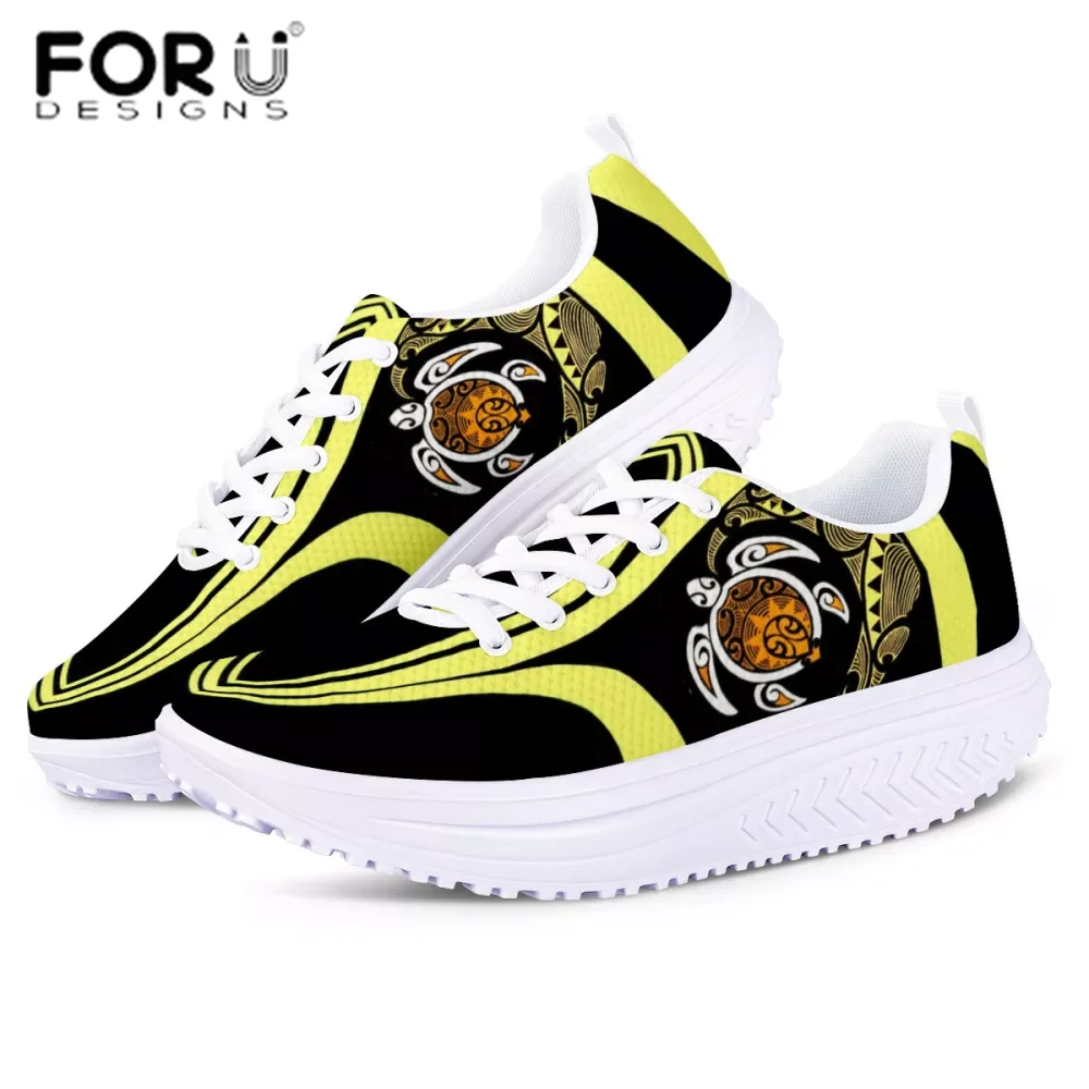 

FORUDESIGNS 3D Hawaii Polynesian Stylist Turtle Pattern Women Black Swing Shoes Outdoor Female Fitness Shaping Shoes Platform