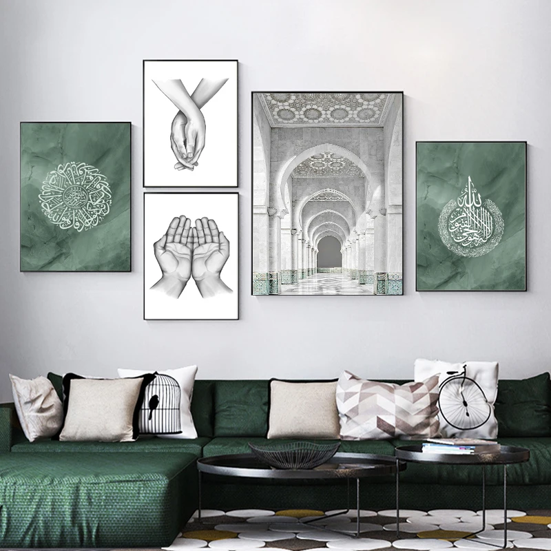 

Скандинавский мусульманский Зеленый пейзаж, живопись на холсте, исламские руки, плакат и принты, картина для Рамадана, мечети, домашний деко...
