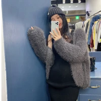2022 fall sweet faux mink hair loose cardigan for women warm winter long sleeve v neck sweater outwear lady cute knitted jacket