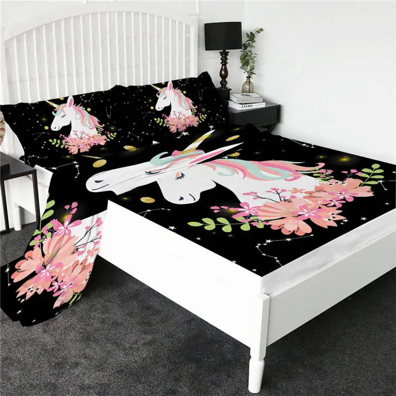 Pink unicorn BeddingOutlet простыня с мультяшными котами, цветная простыня с единорогом, плоский лист с наволочкой, постельные принадлежности, 4 шт., наматрасник - Цвет: Pink unicorn