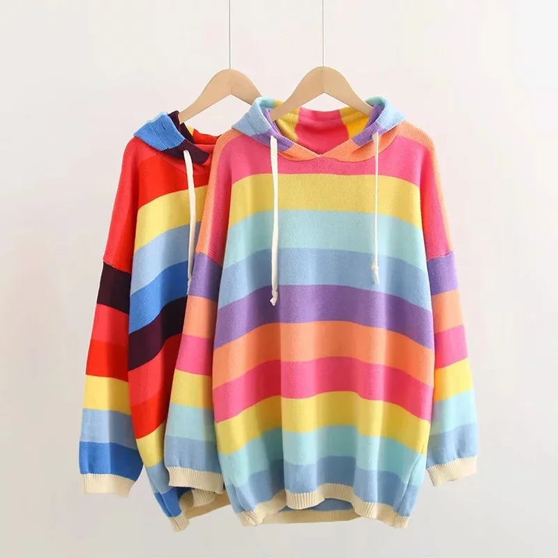 

Hooded Collar Literary Colorblock Sweater Women College Wind Loose Striped Drawstring Hooded Sweater Pullover Female Spring 2022