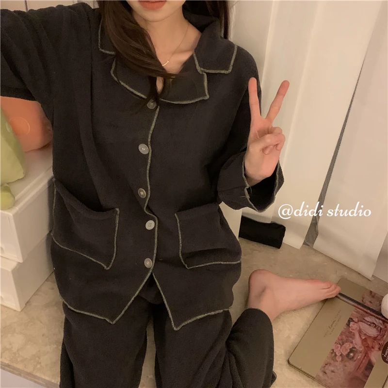 

Костюм женский осенний из двух предметов, однобортная рубашка и брюки, пижама свободного покроя, повседневная одежда для сна, домашняя одеж...