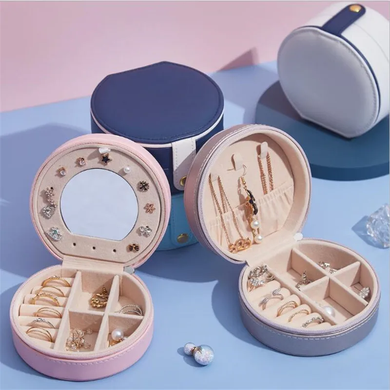 

Waterproof Leather Mirror Jewelry Box Ring Earrings Organizer Ear Studs Display Stand Holder Rack Showcase Plate Storage Box