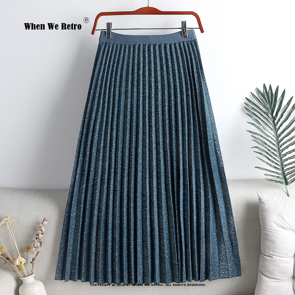 

2022 Autumn Spring Women Skirt VD2732 Black Blue Grey Elastic Waist Pleated Long Midi Skirts