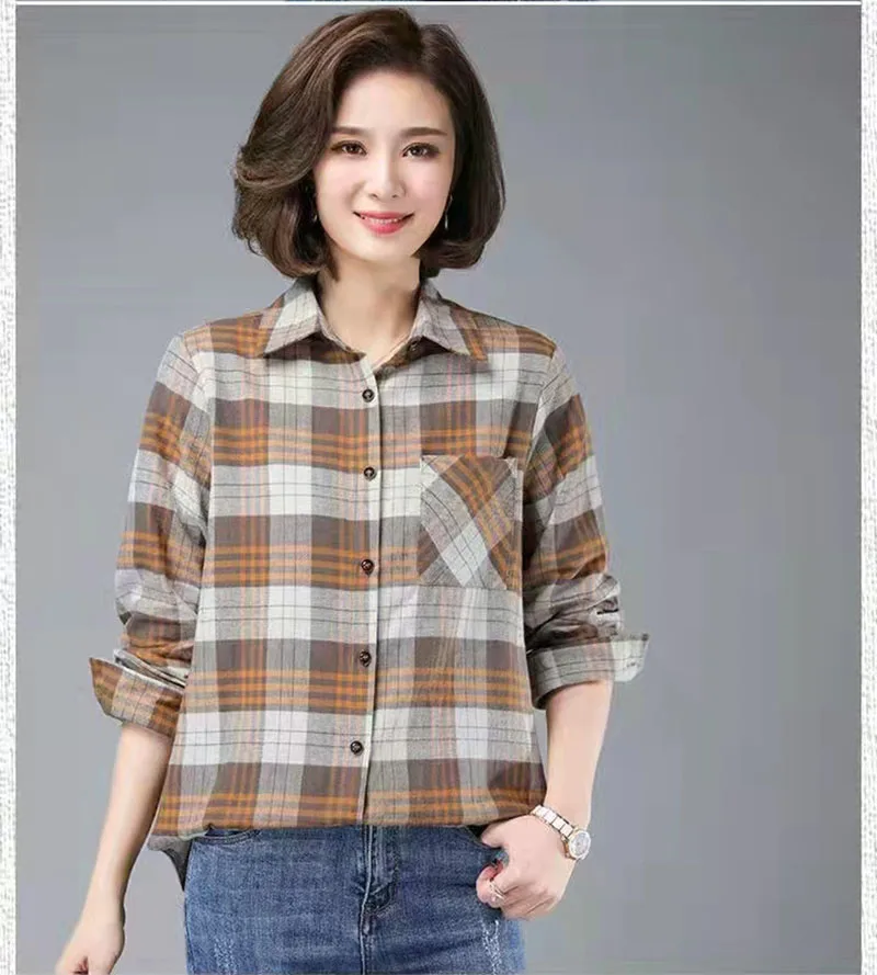 Рубашка женская с отложным воротником хлопок Клетчатая блуза свободного покроя