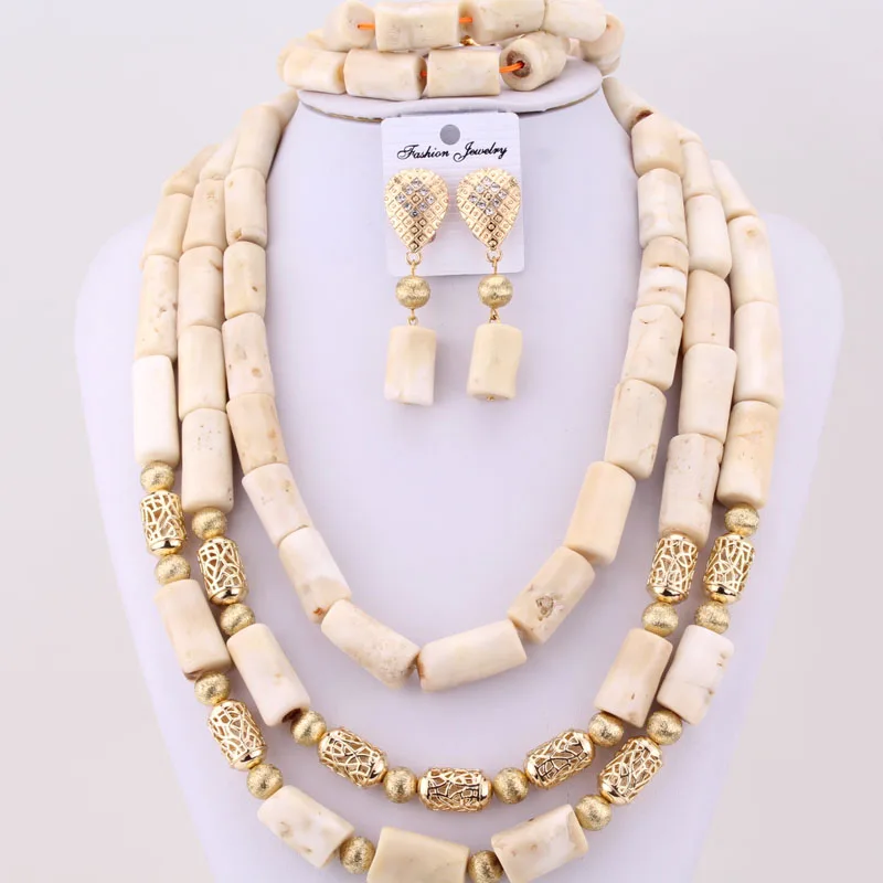 Dudo Bridal Coral Beads 3 Layers Necklace Set African Jewelry Nigerian Wedding Costume | Sets