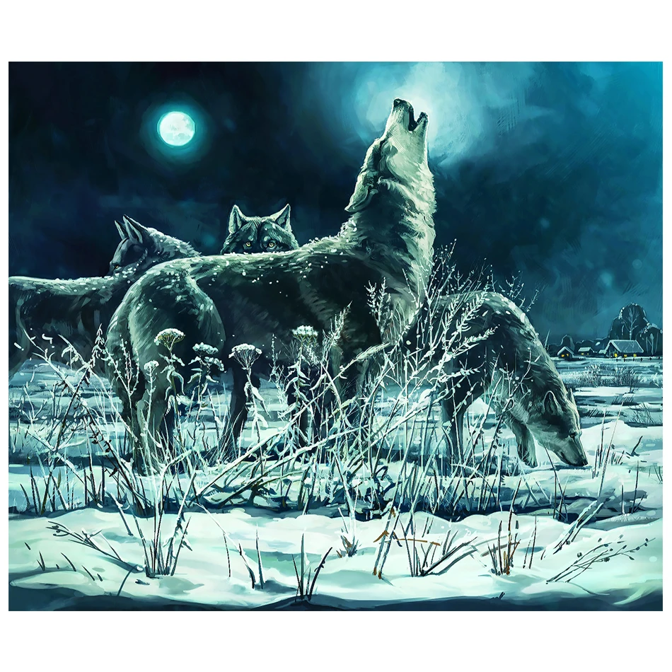 

5D DIY Full Round Diamond Painting Wolves In The Snow In The Moonlight AB Color Resin Animal Diamond Embroidery Home Decoration