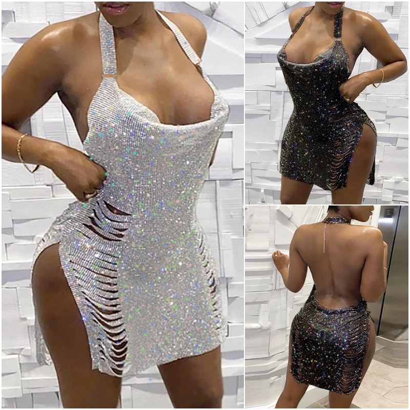 

Summer Women Halter Ladder Cutout Strapless Backless See Through Black Side Slit Sexy Mini Sequins Party Dress Night Club Wear