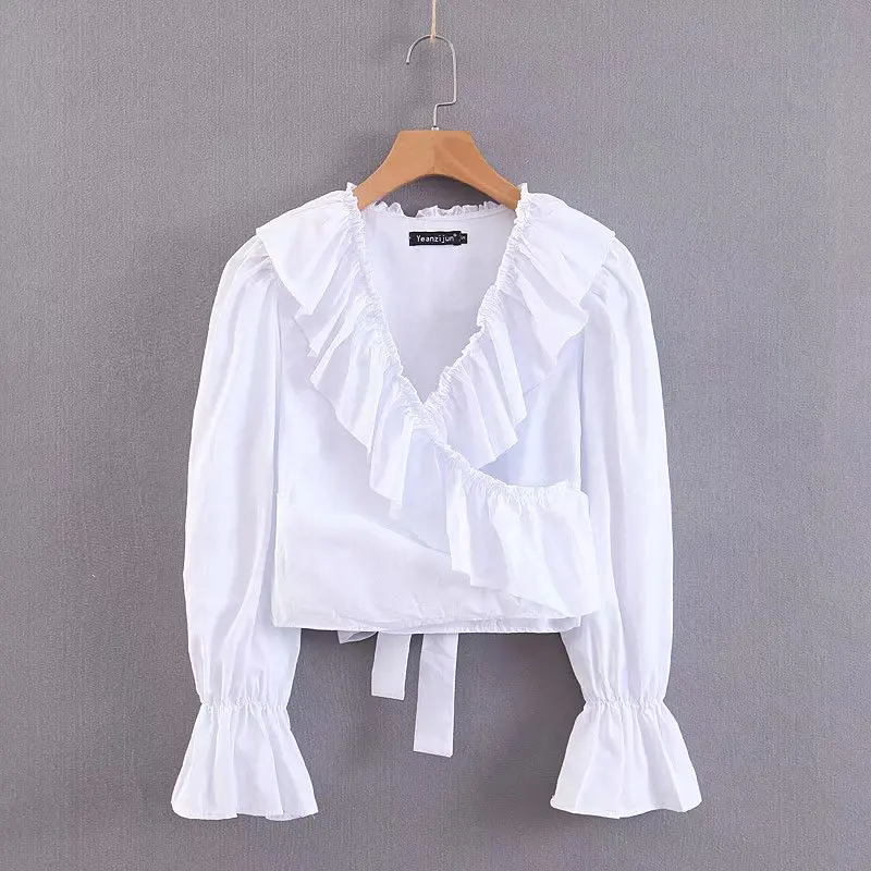 Новинка 2019 года Женская белая рубашка в европейском стиле с v образным вырезом и