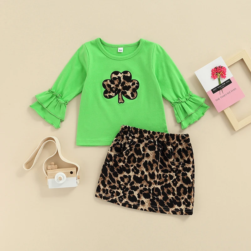 

Toddler Baby Girl St. Patrick's Day Outfits Ruffle Flared Long Sleeve Leaf Printed Shirt Tops with Leopard Skirt Sets