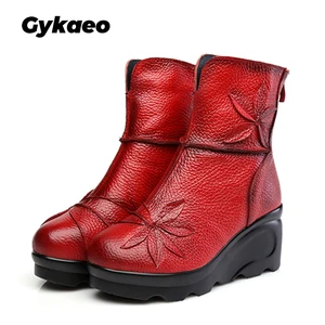 Женские ботинки на толстой подошве Gykaeo, красные зимние ботинки из натуральной кожи на платформе, повседневные ботинки в стиле ретро с цветами, 2022