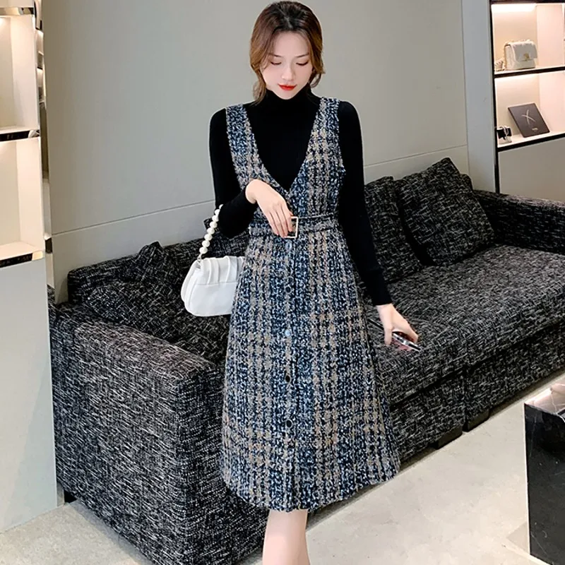 

Женский твидовый костюм из двух предметов, модельное шерстяное платье в клетку на бретелях и элегантный черный свитер, костюм в Корейском с...