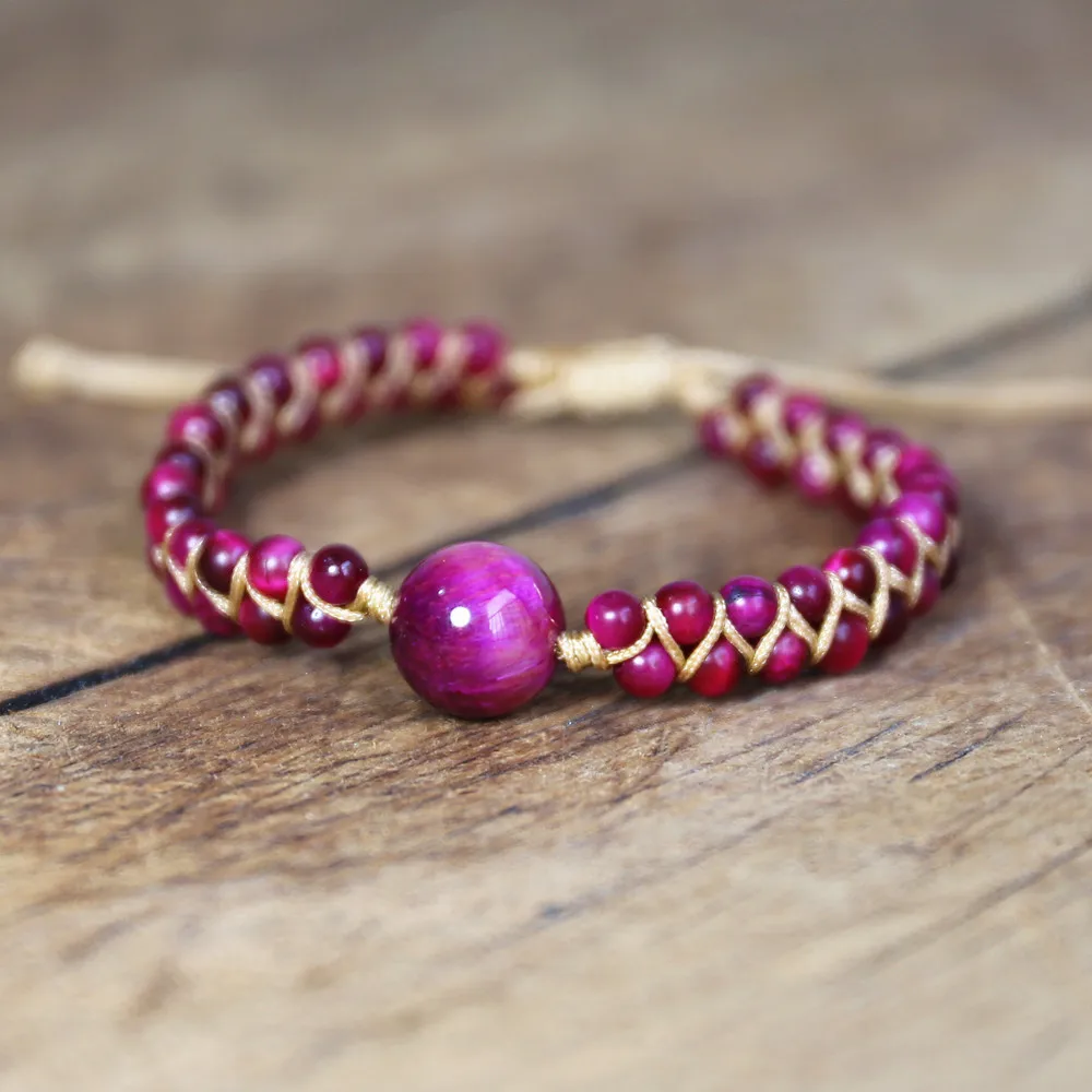 Натуральный Шарм Бохо варп браслет розовый красный тигровый глаз камень Бусины