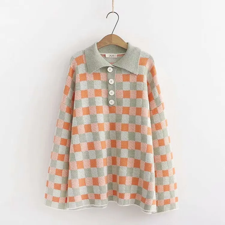 

H.SA Women Sweater Turn Down Collar Plaid Sweater and Jumpers Long Sleeve Polo Neck cashmere sweater casaco feminino