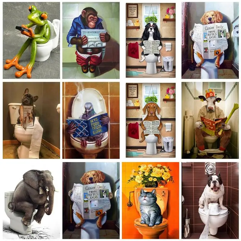

Diamond Painting Cartoon Dog Cat Cow Frog Elephant Animal in Toilet Creative Picture Diamond Embroidery Cross Stitch Home Decor