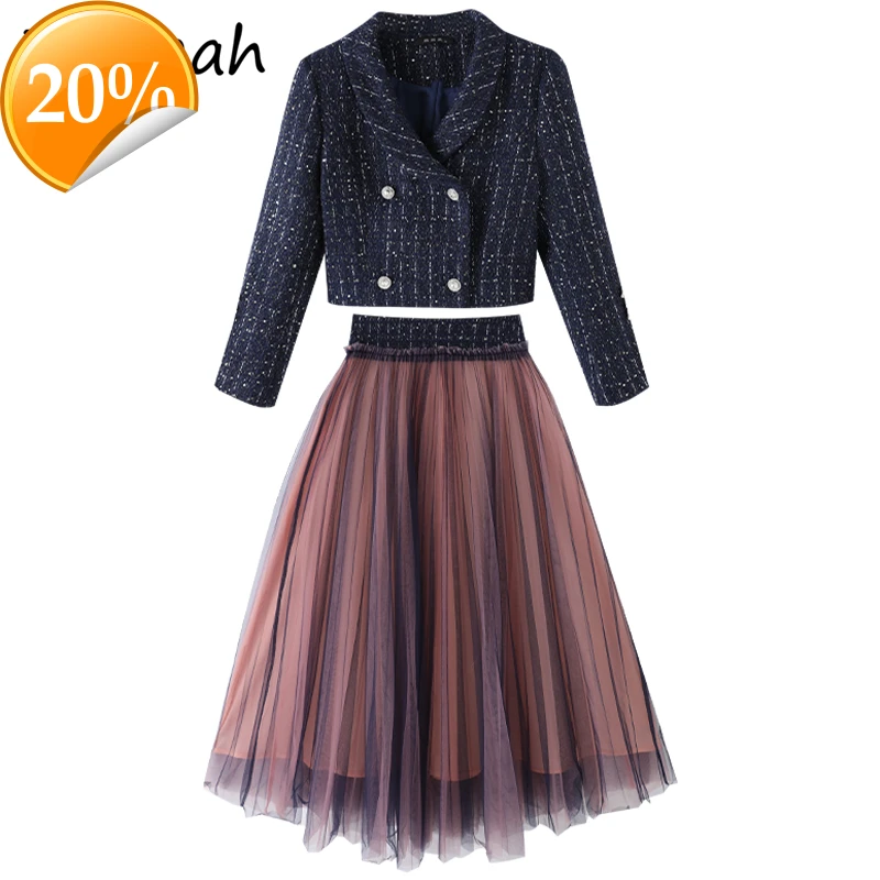 

Women Summer Fashin Runway Rock Set Long arm Short blinds + High waist mesh A-line skirts 2-piece suits