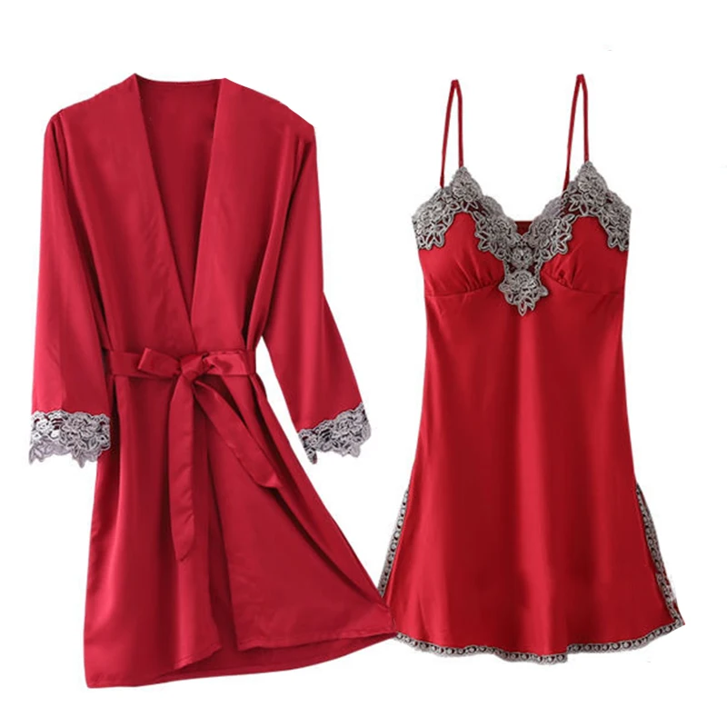 Robe Sleep Suit Womens Lace Satin Pajamas Gown Set V-Neck Sexy Cami Nighties Wear Pijama Home Nightwear Spring Nightdress