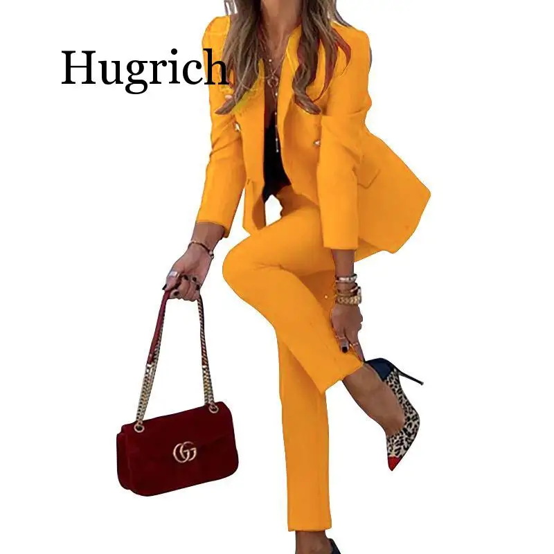 Зимние женские элегантные пиджаки набор с длинным рукавом пальто + узкие брюки