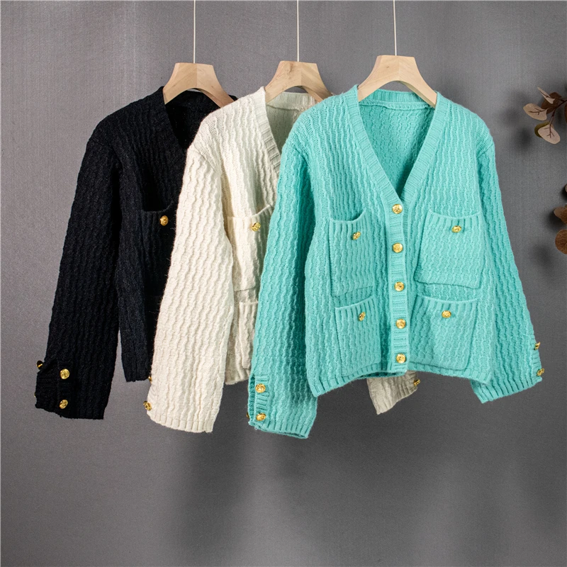 

2021 Autumn Winter Temperament women Fashion Knitted Short Cardigan Sweater Elegant Top