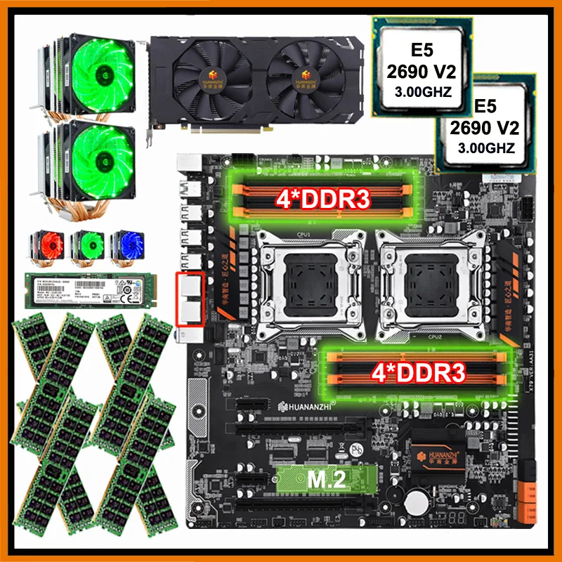 Материнская плата HUANANZHI dual X79 с 512 ГБ NVMe SSD двойной ЦП Xeon E5 2690 V2 охладителями ОЗУ 128