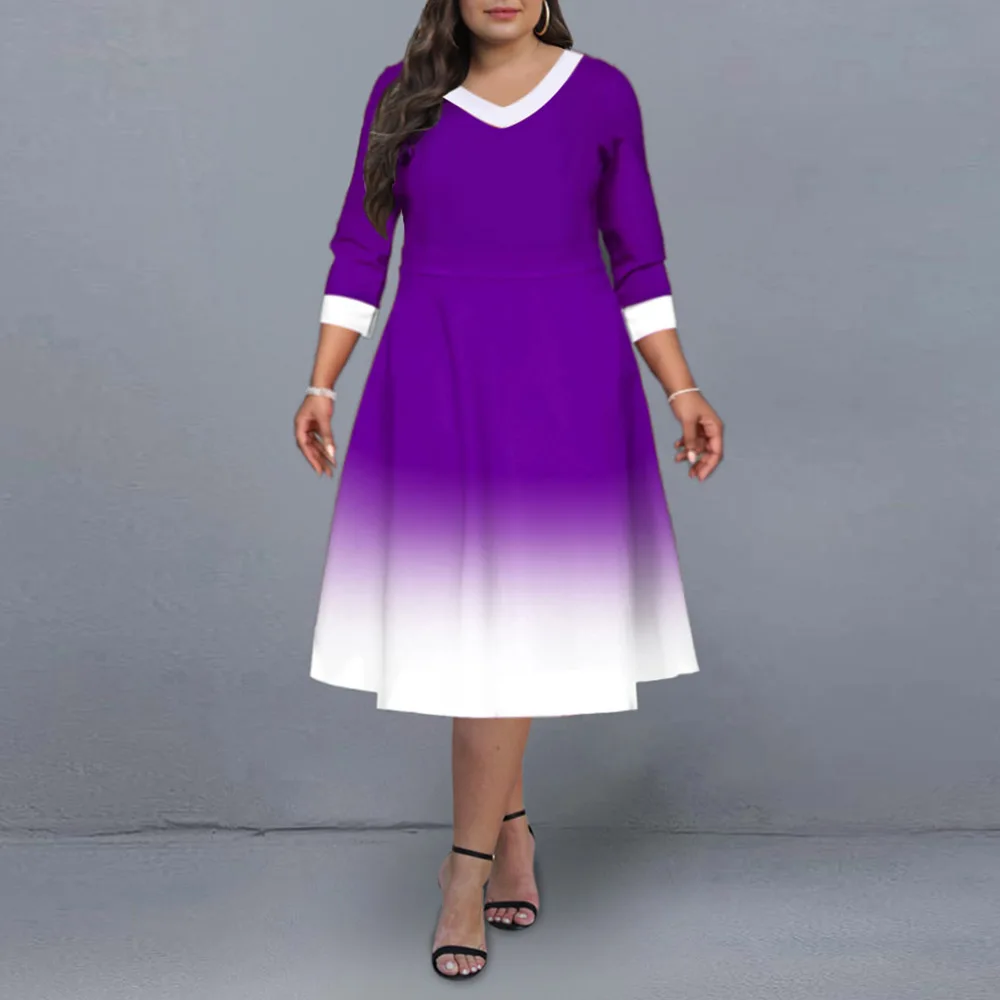 

Ombre Print Plus Size Dresses for New Year 2022 Spring Women V Neck Elegant Midi Dress A Line Purple Party Dress African Outfits